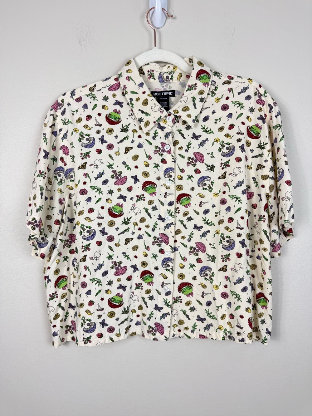 Hot Topic Top Womens 0 XS Mushroom Frog Crop Button Up Flower Collared Emo Bug